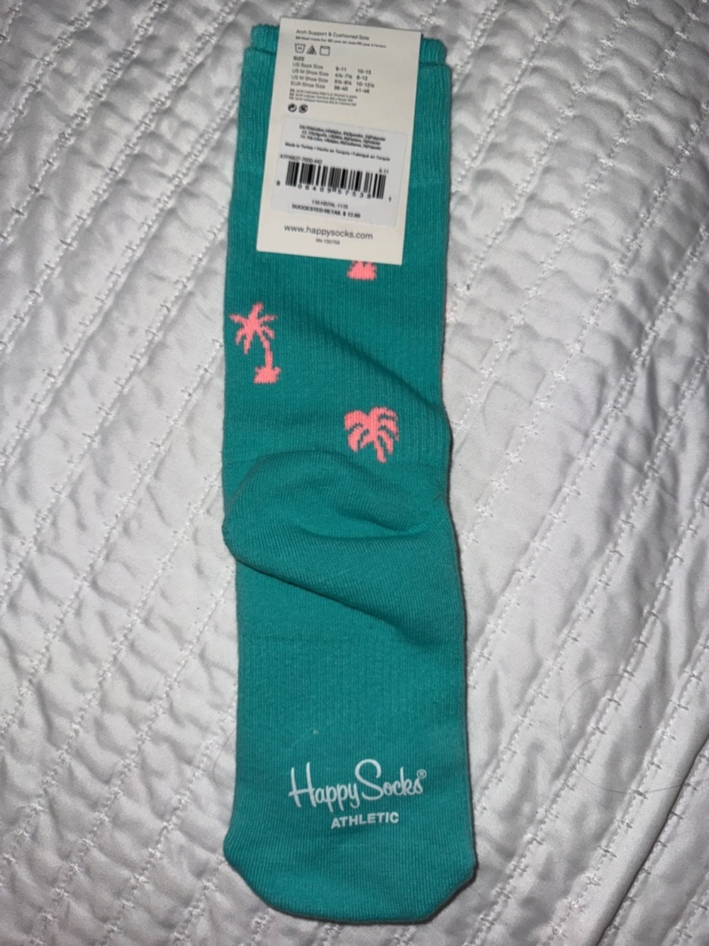 Happy Socks Athletic Crew Socks in Teal with Pink Palm Motifs - Picture 3 of 3